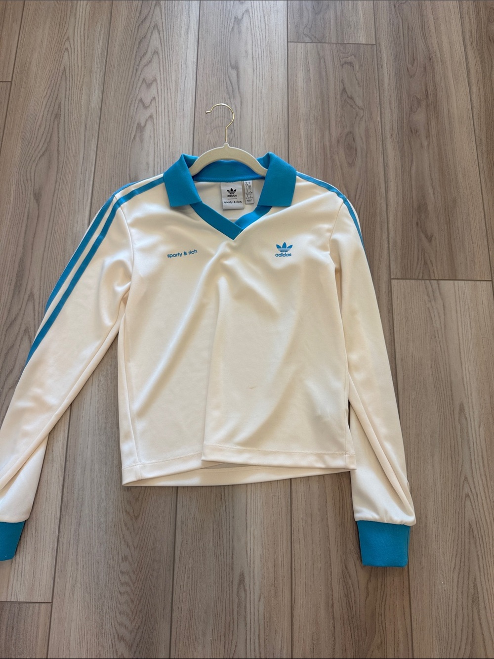 adidas White and Teal Long Sleeve Polo Sweatshirt